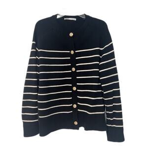 Zara Women's Lady Knit Cardigan Large Gold Buttons Black Ivory Striped Career